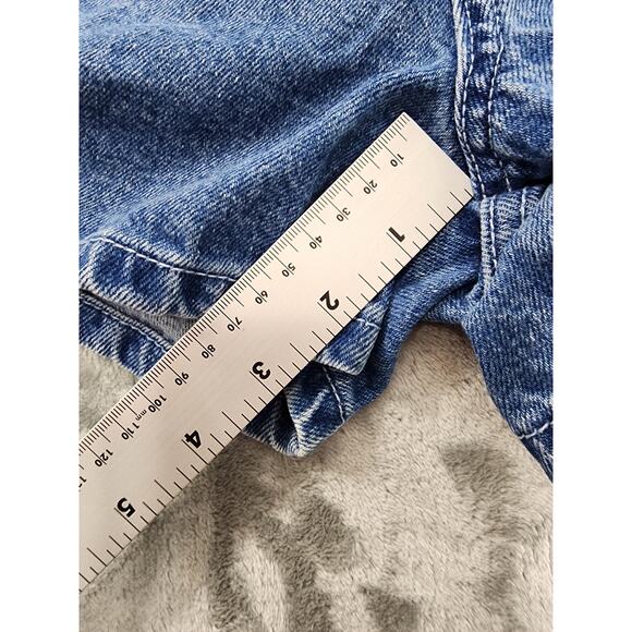 Vintage 80s Michael G High Rise Jean Shorts Size 16 W28 Blue Plaid Trim Cotton - Picture 9 of 11